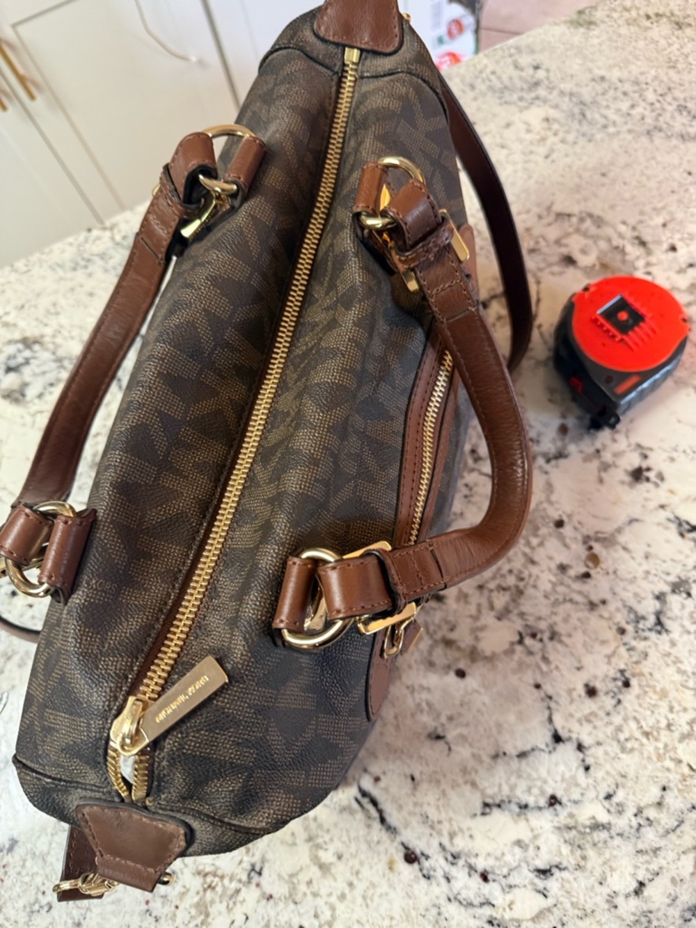 Michael Kors Brown and Tan Logo Satchel with Gold Hardware - Picture 9 of 9